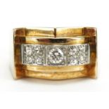 Continental Art Deco unmarked gold diamond ring, size P, 8.8g