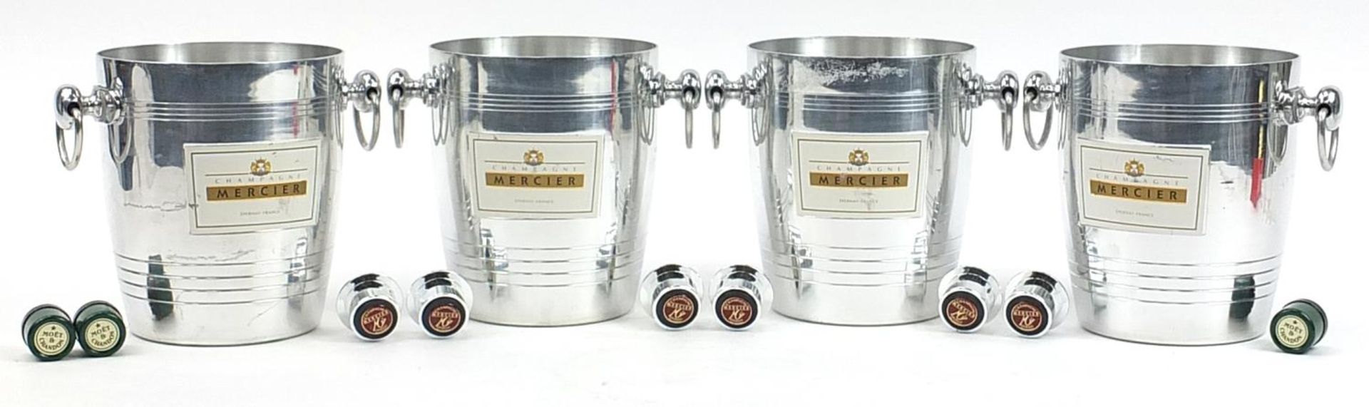 Set of four Mercier style Champagne ice buckets with ring handles, 21.5cm high