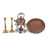 Antique metalware comprising a pair of brass candlesticks, copper teapot on stand with burner and