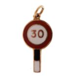 9ct gold and enamel 30 road sign charm, 1.7cm high, 1.1g