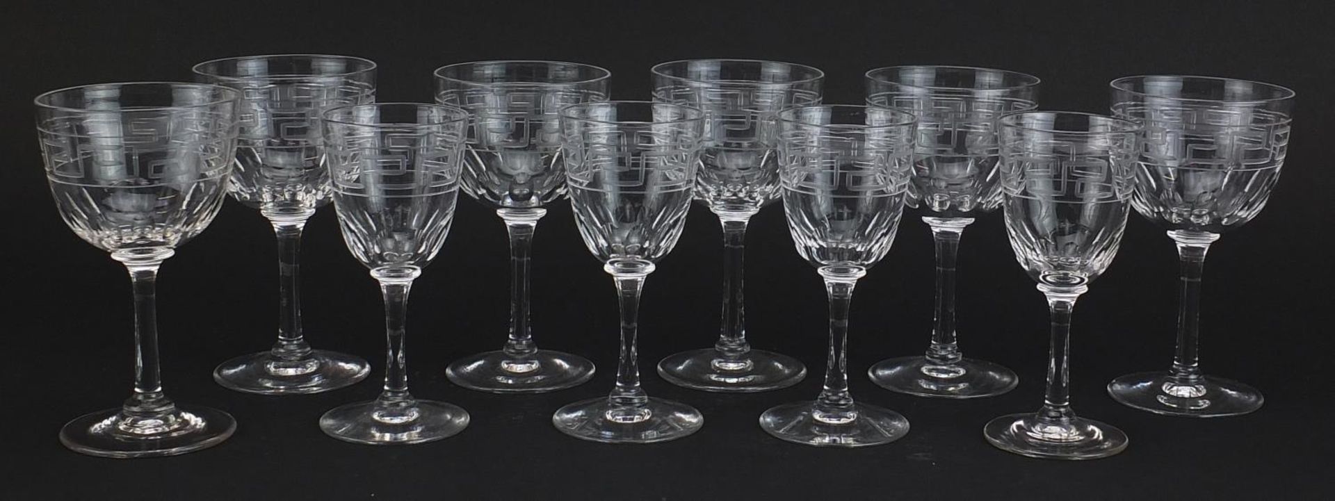 Good quality Victorian cut glassware with Greek key design including a set of six, the largest