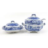 Two Spode blue and white porcelain lidded tureens, one with ladel, the largest 33cm in length