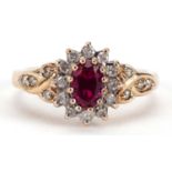 9ct gold treated ruby and diamond ring, size P, 3.0g