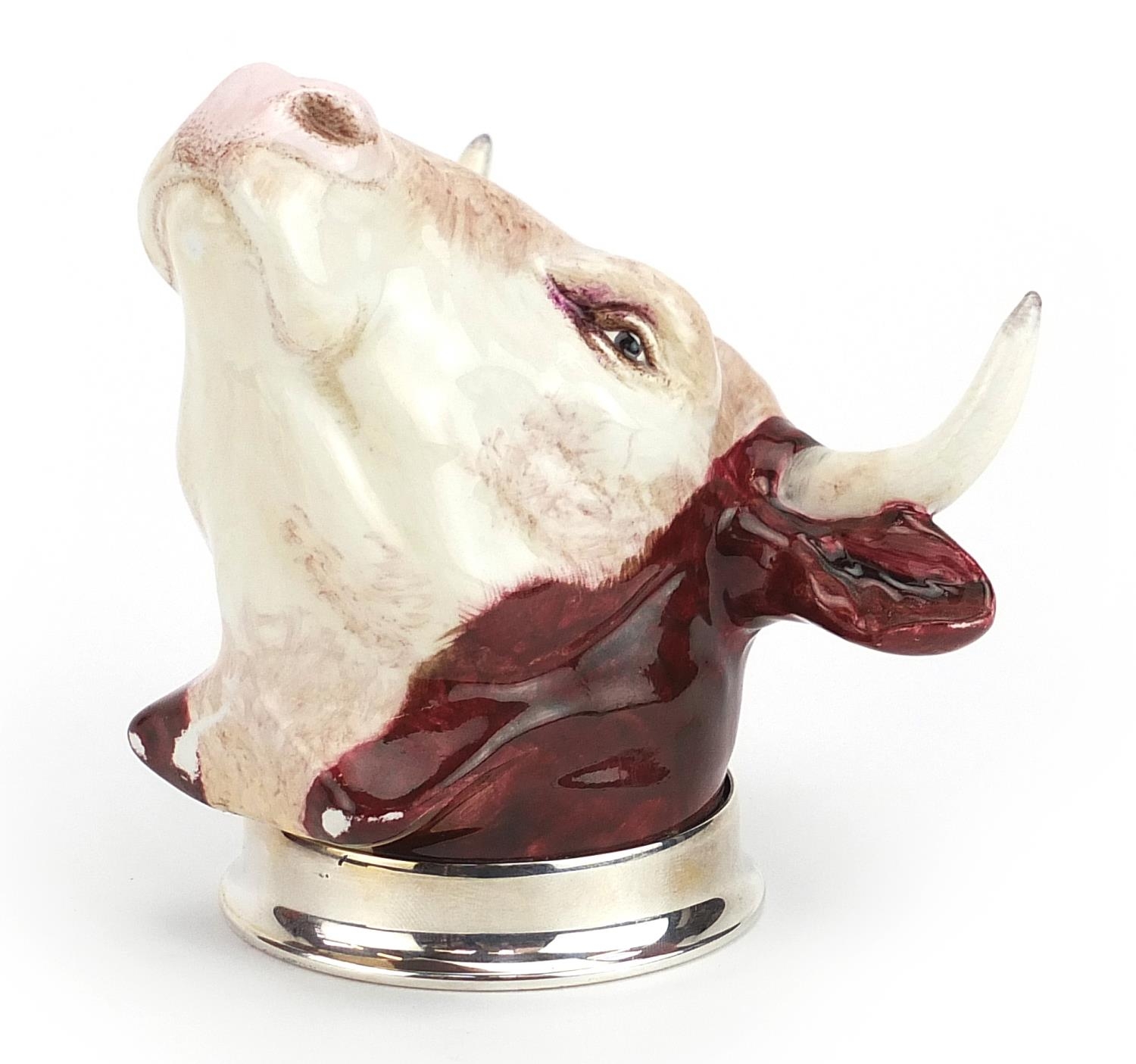 Royal Stratford porcelain stirrup cup with silver plated mount in the form of a bull's head, 11cm in - Bild 2 aus 5