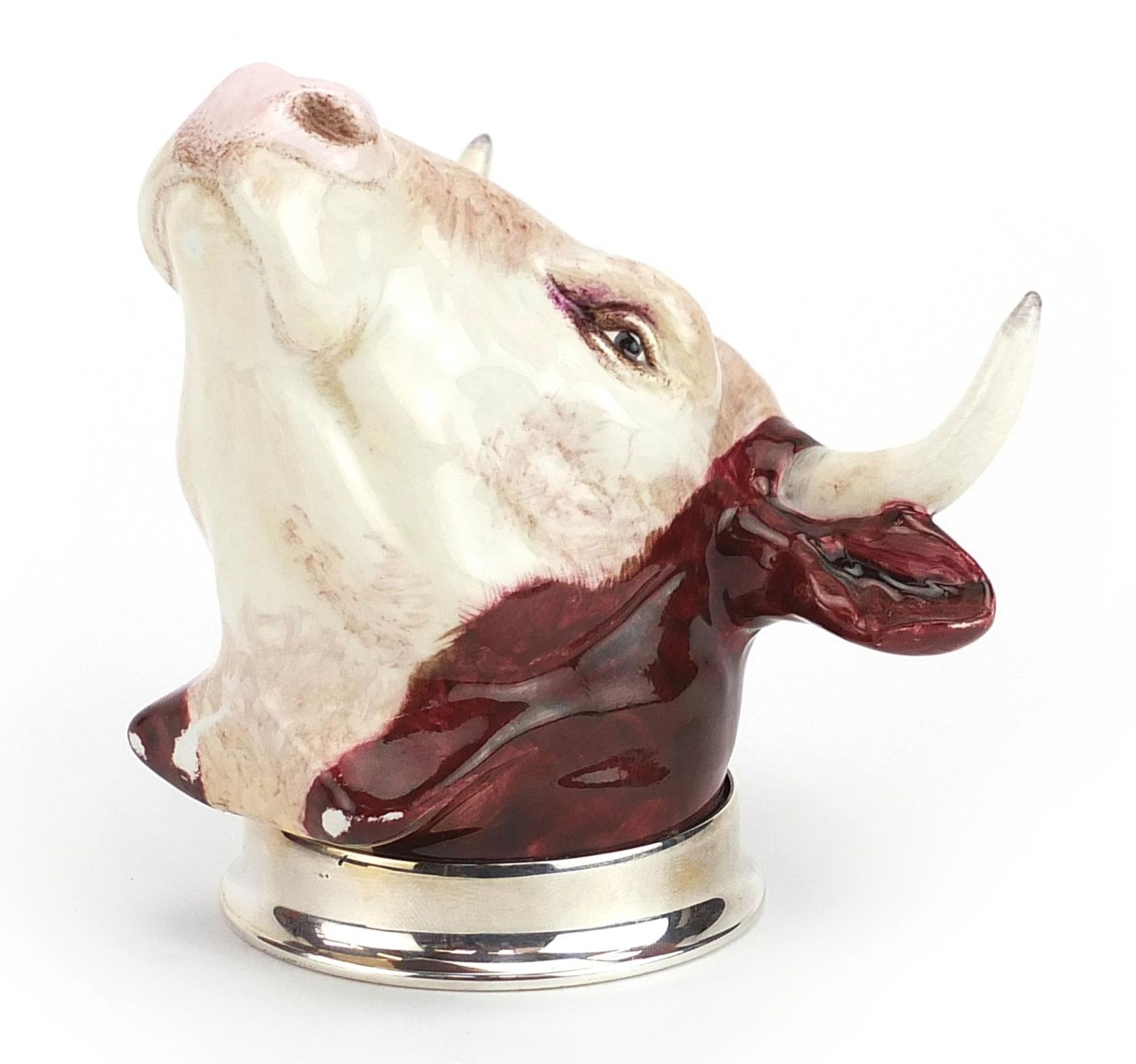 Royal Stratford porcelain stirrup cup with silver plated mount in the form of a bull's head, 11cm in - Image 2 of 5