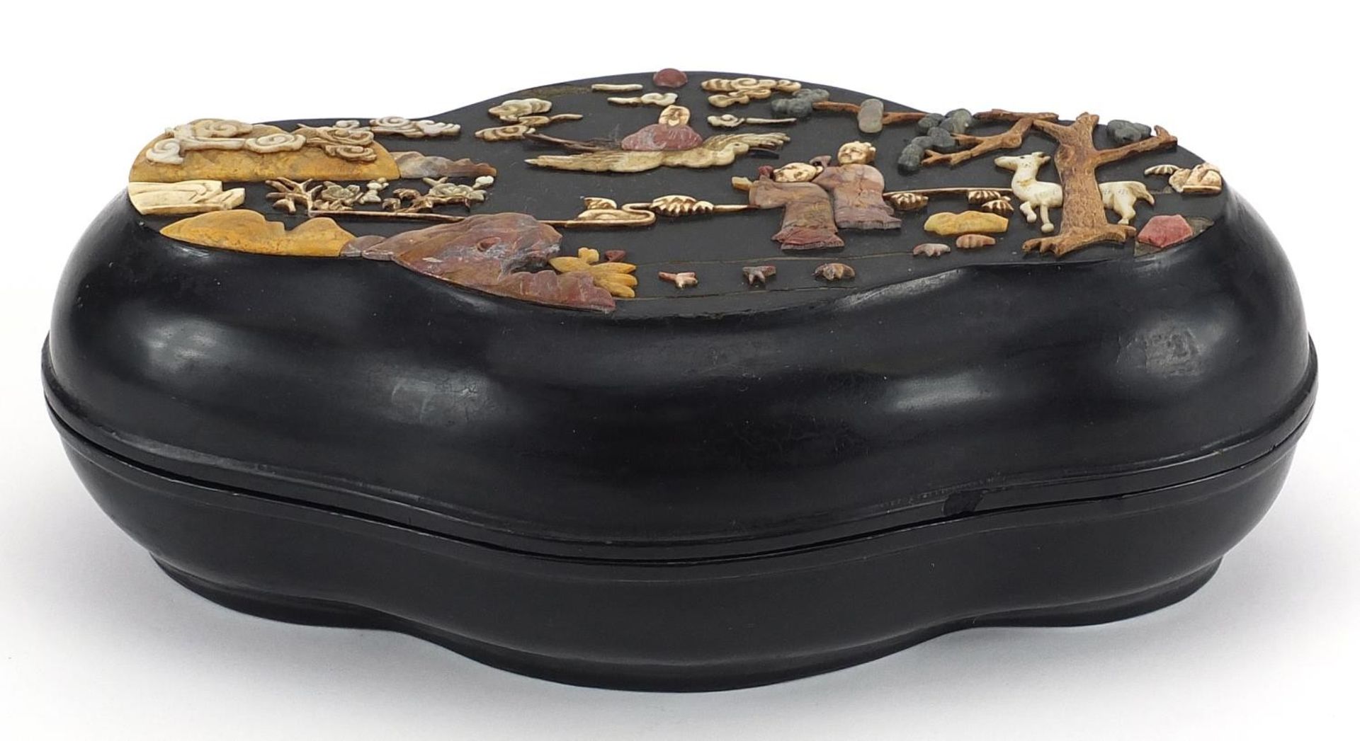 Chinese lacquered box and cover with stone inlay, decorated with figures in a landscape, 34cm wide