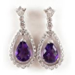 Pair of 18ct white gold diamond and amethyst drop earrings, 6.0g