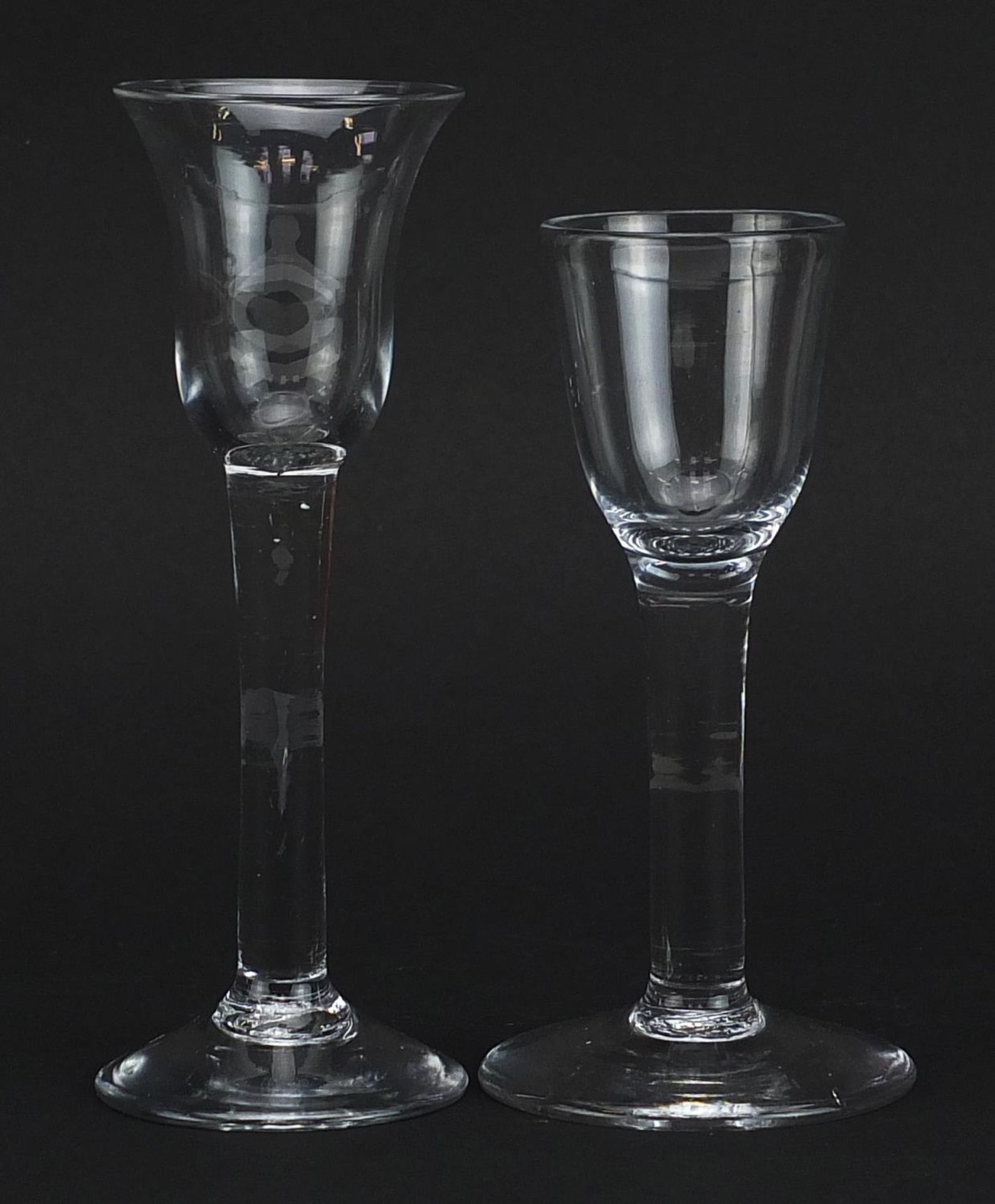 Two 18th century wine glasses including one with bell shaped bowl, the largest 15cm high - Image 2 of 3