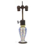 Continental porcelain baluster lamp base with bronzed mounts hand painted with flowers, 47cm high