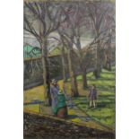 Figures in a park with trees, Modern British oil on canvas, unframed, 92cm x 61cm