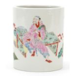 Chinese porcelain cylindrical brush pot hand painted in the famille rose palette with a figure and