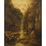 River landscape with waterfall, 19th century oil on canvas, mounted and framed, 60cm x 49.5cm