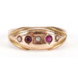 Victorian 15ct rose gold seed pearl, ruby and red stone Gypsy ring, Chester 1893, housed in a tooled