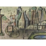 European town scene with figures, ink and watercolour, label verso, mounted, framed and glazed, 34cm