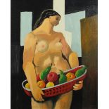Nude female holding a basket of fruit, European school oil on Masonite, framed, 50.5cm x 41cm