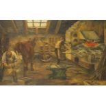Rimmy - Blacksmith and horse in a forge, oil on canvas, mounted and framed, 96cm x 60cm excluding