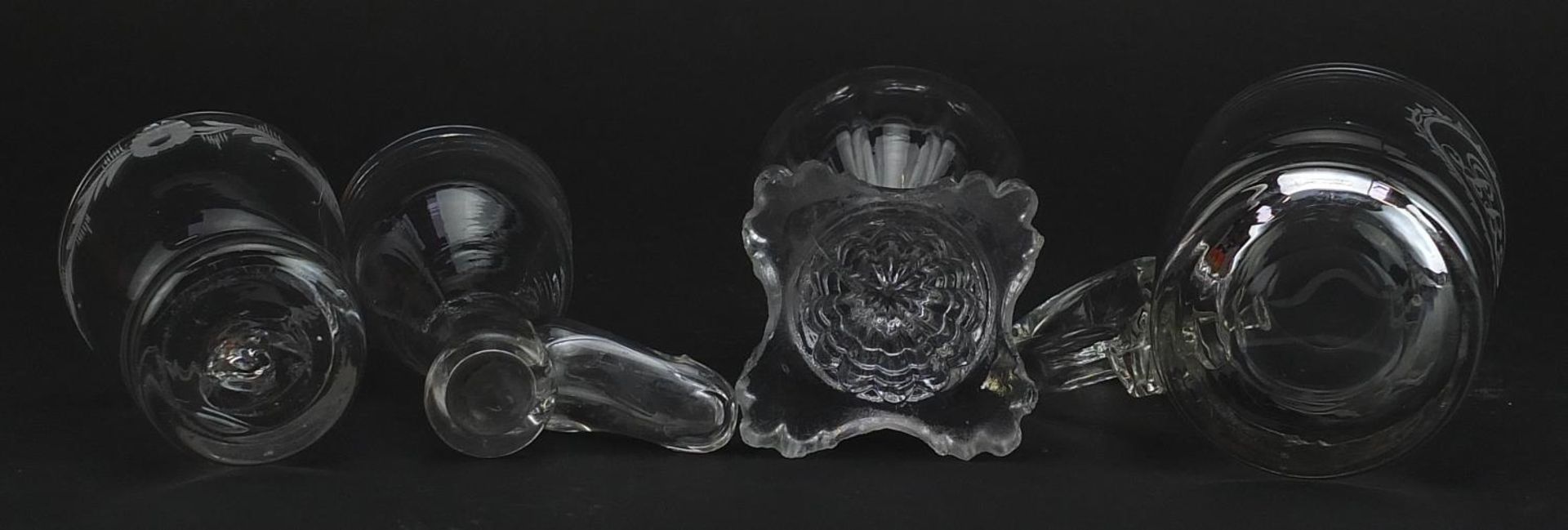 Four 18th century glasses including a stirrup cup and handled cup with engraved initials, the - Image 3 of 3