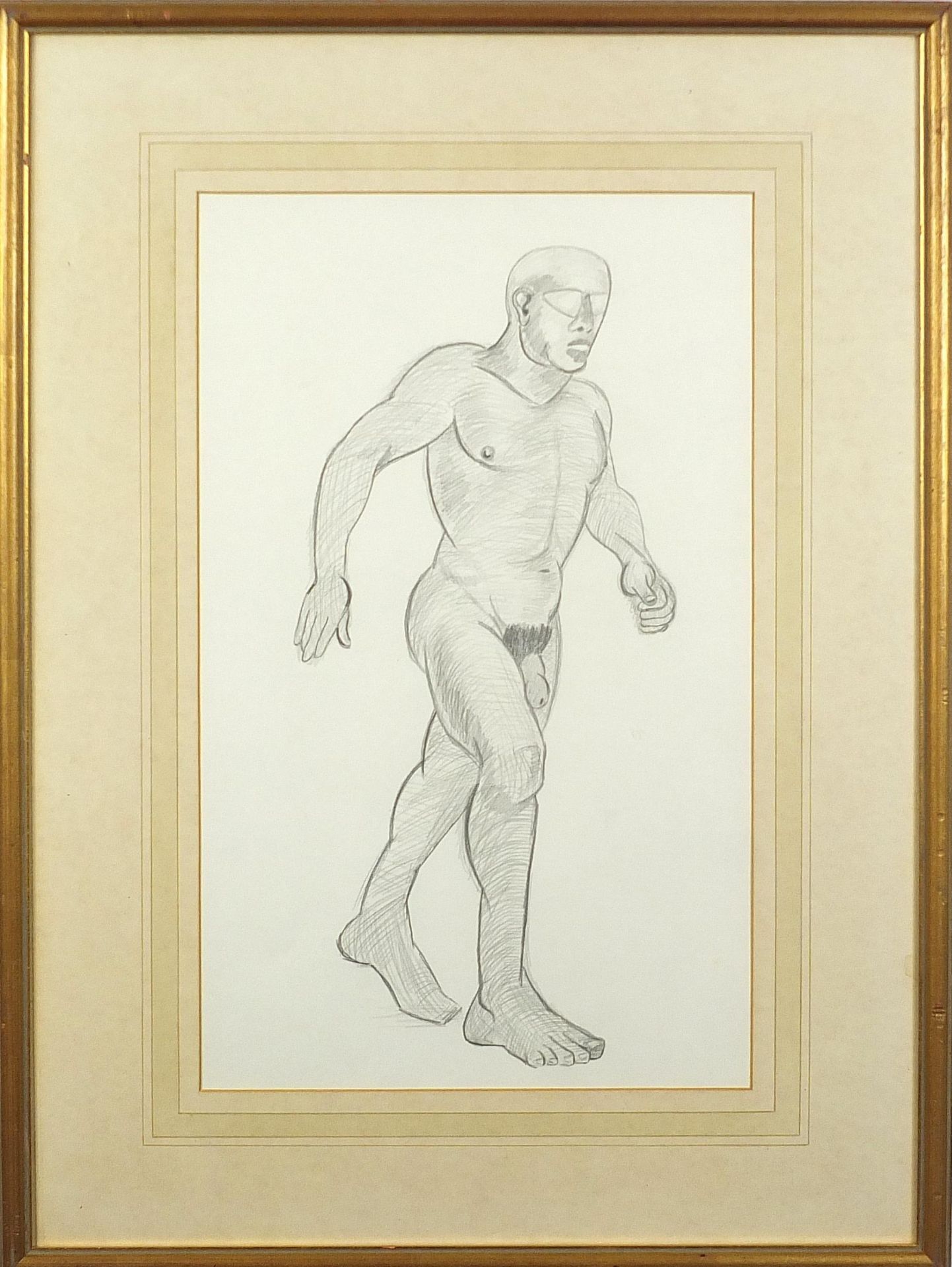 Full length portrait of a nude man, Modern British school pencil, mounted, framed and glazed, 45.5cm - Bild 2 aus 3