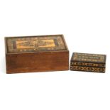 Victorian Tunbridge Ware box with hinged lid and stamp box, the largest 11cm wide