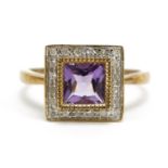 9ct gold amethyst and diamond cluster ring, size M/N, 2.3g
