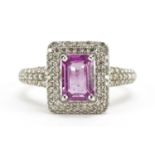 18ct white gold pink sapphire and diamond cluster ring, sapphire weight approximately 0.85 carat,