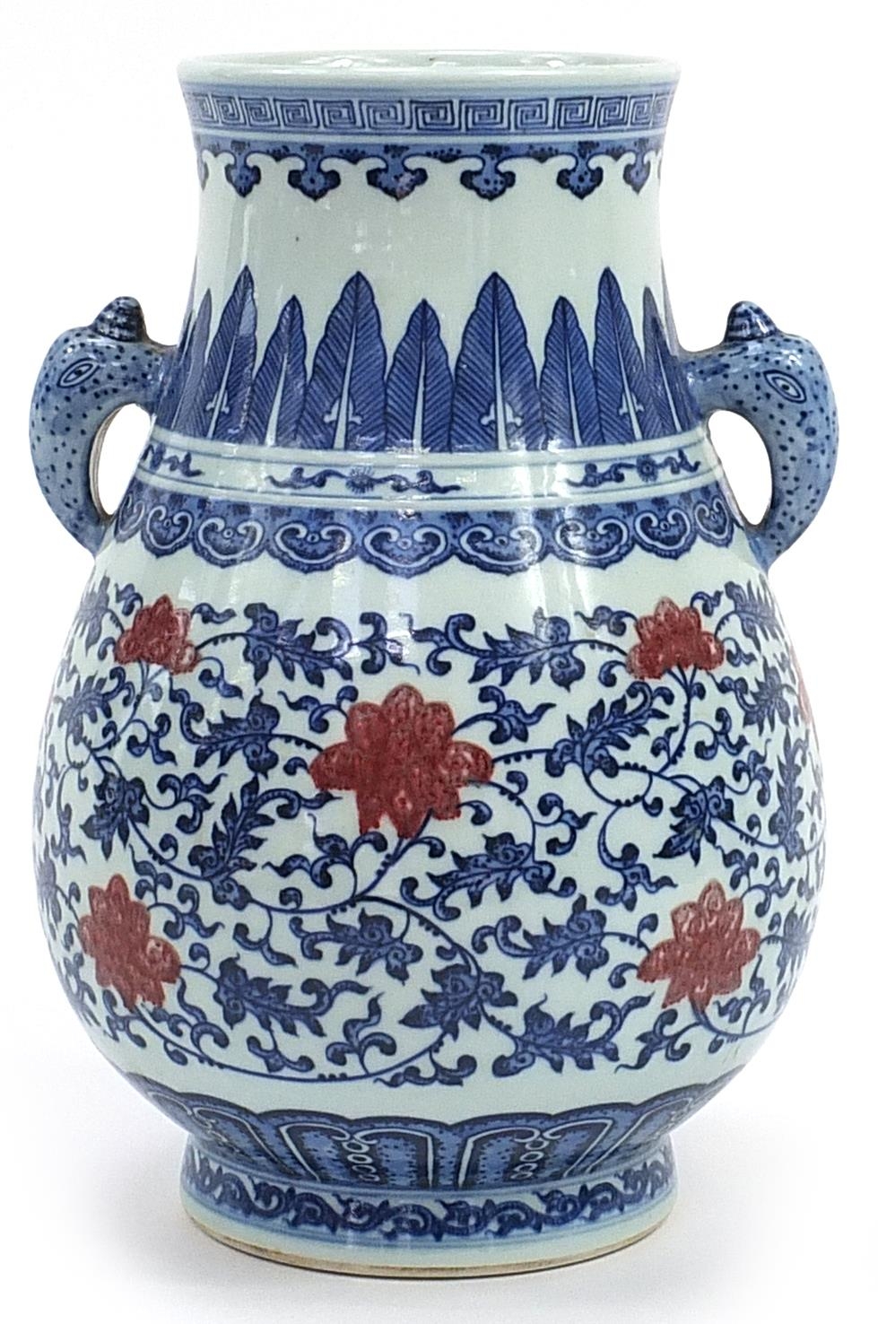 Chinese blue and white with iron red porcelain vase with animalia handles hand painted with flower - Image 2 of 3