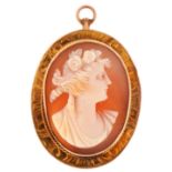 Unmarked gold cameo maiden head brooch pendant, (tests as 9ct gold) 3cm high, 3.7g