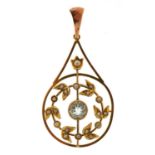 Art Nouveau 9ct gold aquamarine and seed pearl drop pendant, 4.1cm high, 2.2g