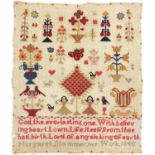 19th century sampler embroidered with flowers, figures and religious verse, worked by Margaret