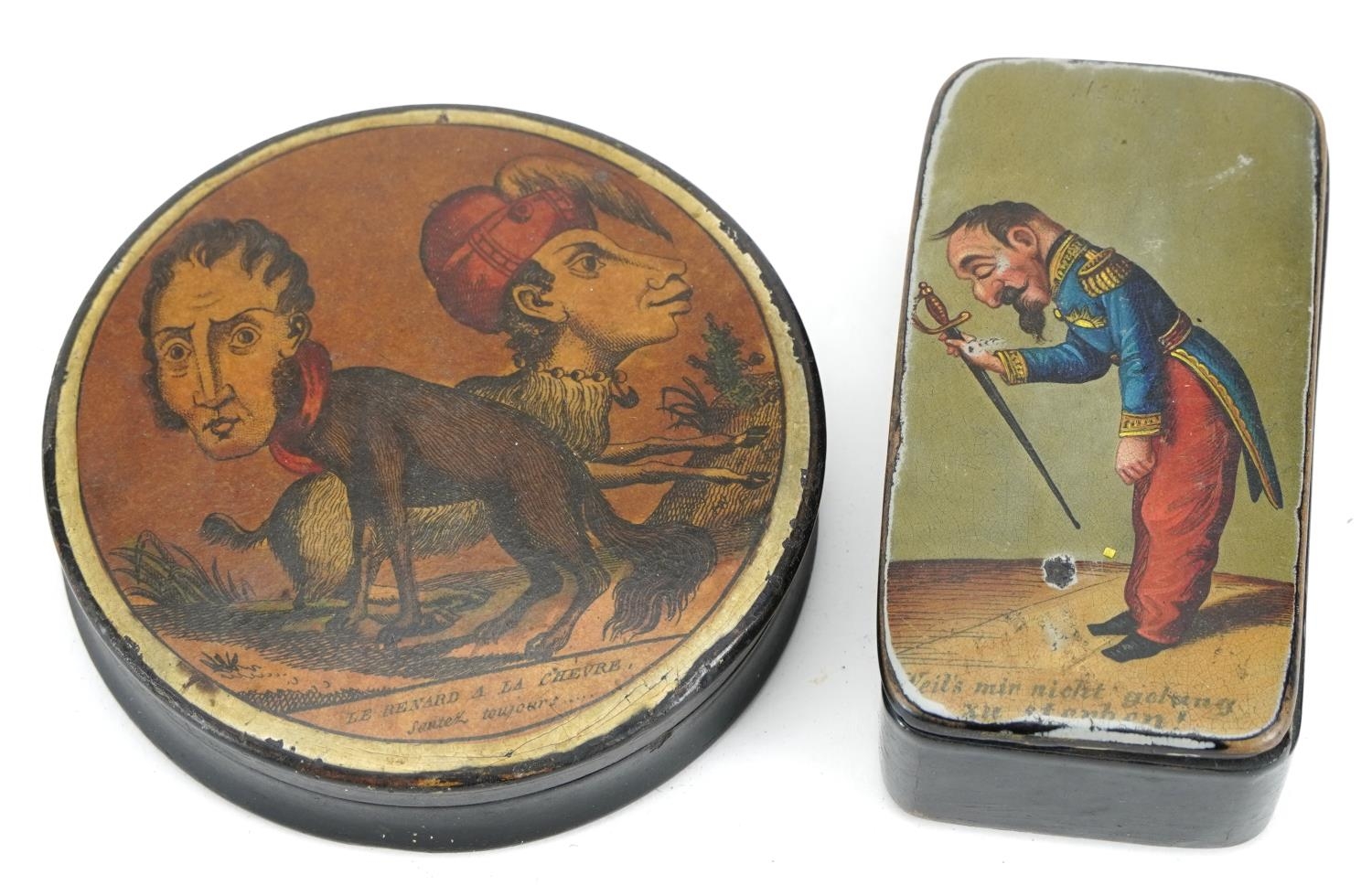 Two 19th century papier mache snuff boxes including a German military interest example, the