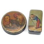 Two 19th century papier mache snuff boxes including a German military interest example, the