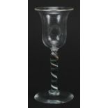 18th century wine glass with multicolored opaque twist stem and bell shaped bowl, 14cm high