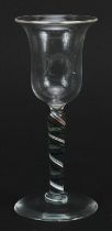 18th century wine glass with multicolored opaque twist stem and bell shaped bowl, 14cm high