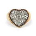 9ct gold diamond love heart cluster ring, size M, 4.1g