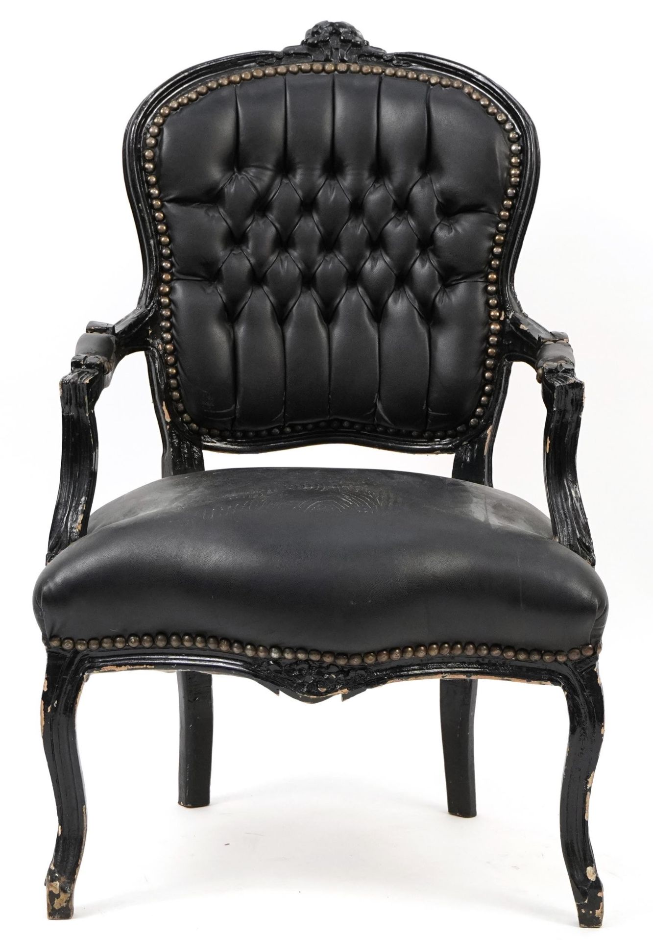 French style black painted elbow chair with black faux leather button back upholstery, 92cm high - Image 2 of 3
