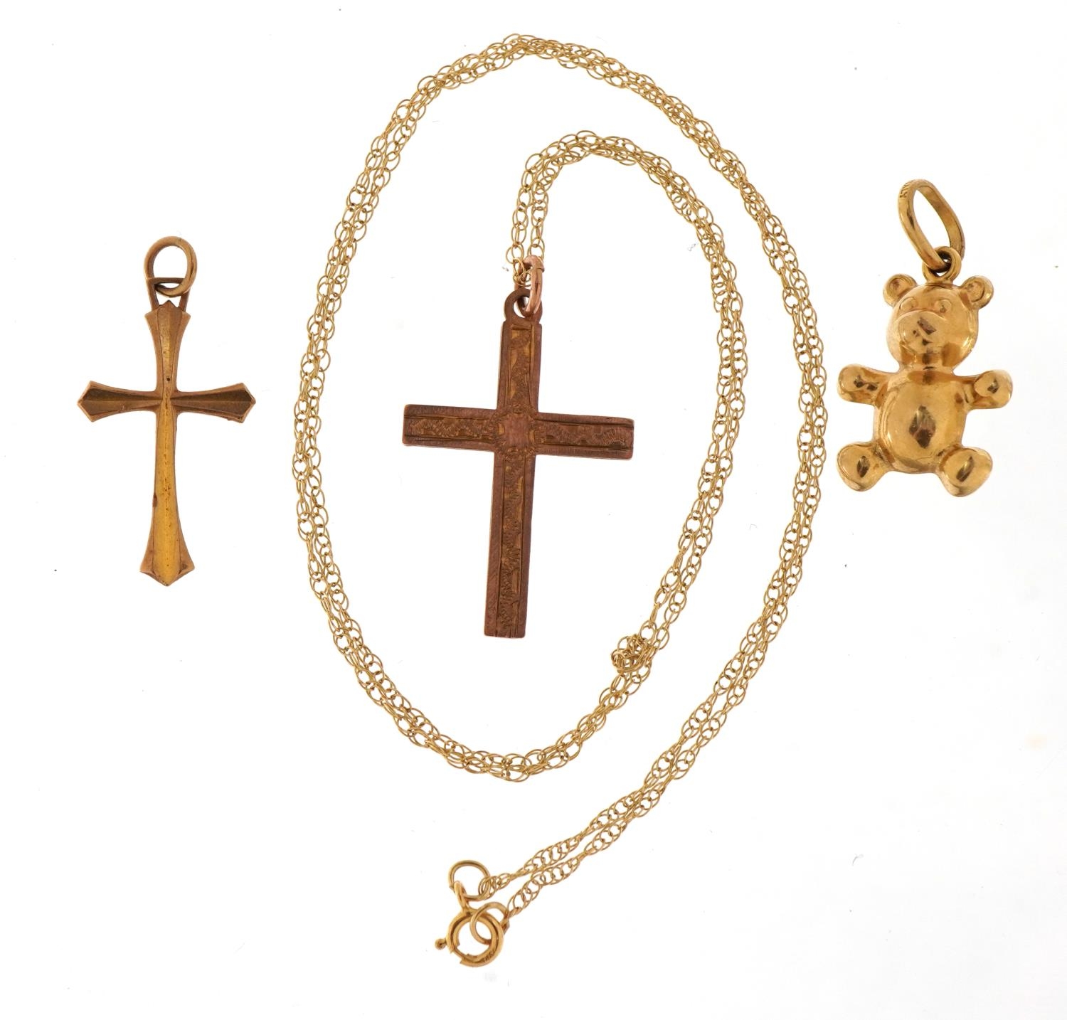 9ct gold jewellery comprising two cross pendants, teddy bear charm and necklace, the largest cross - Bild 2 aus 3