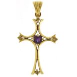 14ct gold amethyst and diamond cross pendant, 3.4cm in length, 2.1g