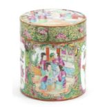 Chinese Canton pot and cover hand painted in the famille rose palette with figures and insects, 12cm