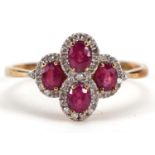 9ct gold diamond and ruby cluster ring, size U/V, 2.6g