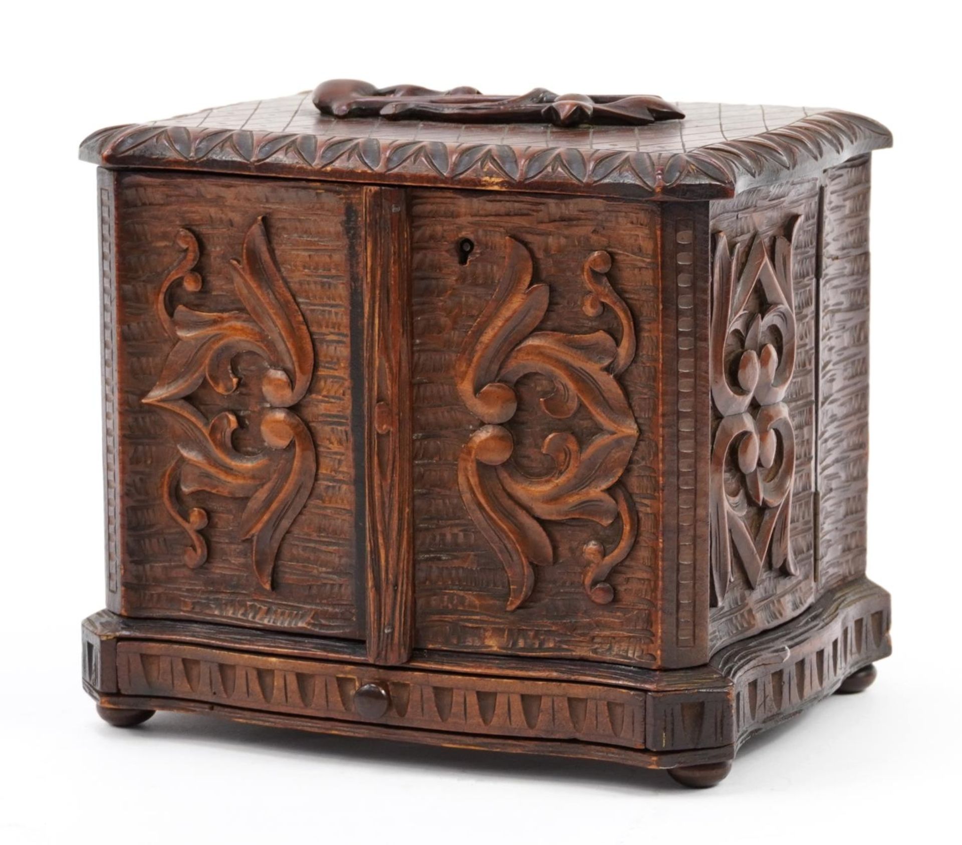 Black Forest carved wood smoker's pipe box with base drawer, 18.5cm H x 21.5cm W x 17.5cm D