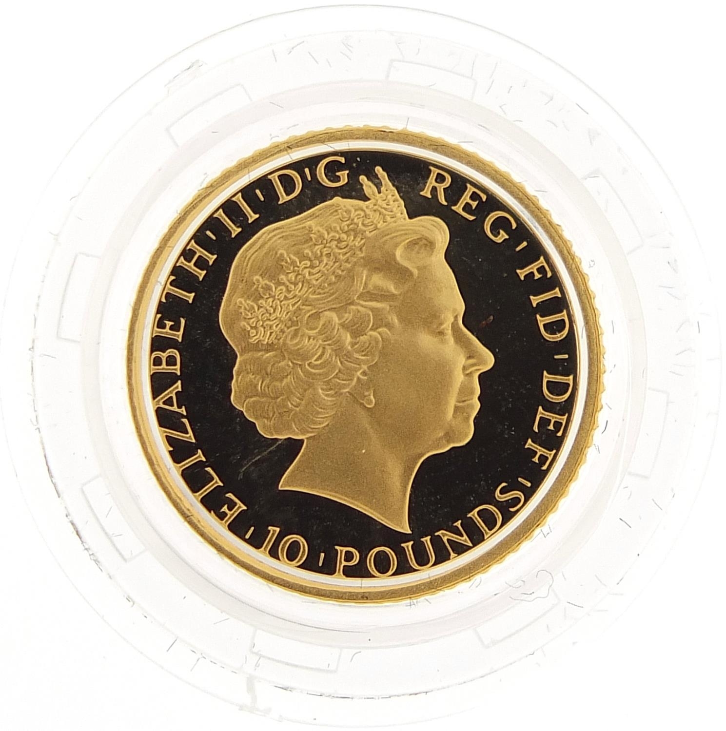 Elizabeth II 2011 Britannia 1/10 ounce gold proof coin with certificate numbered 721, case and box - Bild 4 aus 5