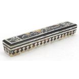 Turkish mother of pearl and tortoiseshell pen box with calligraphy, 22.5cm wide