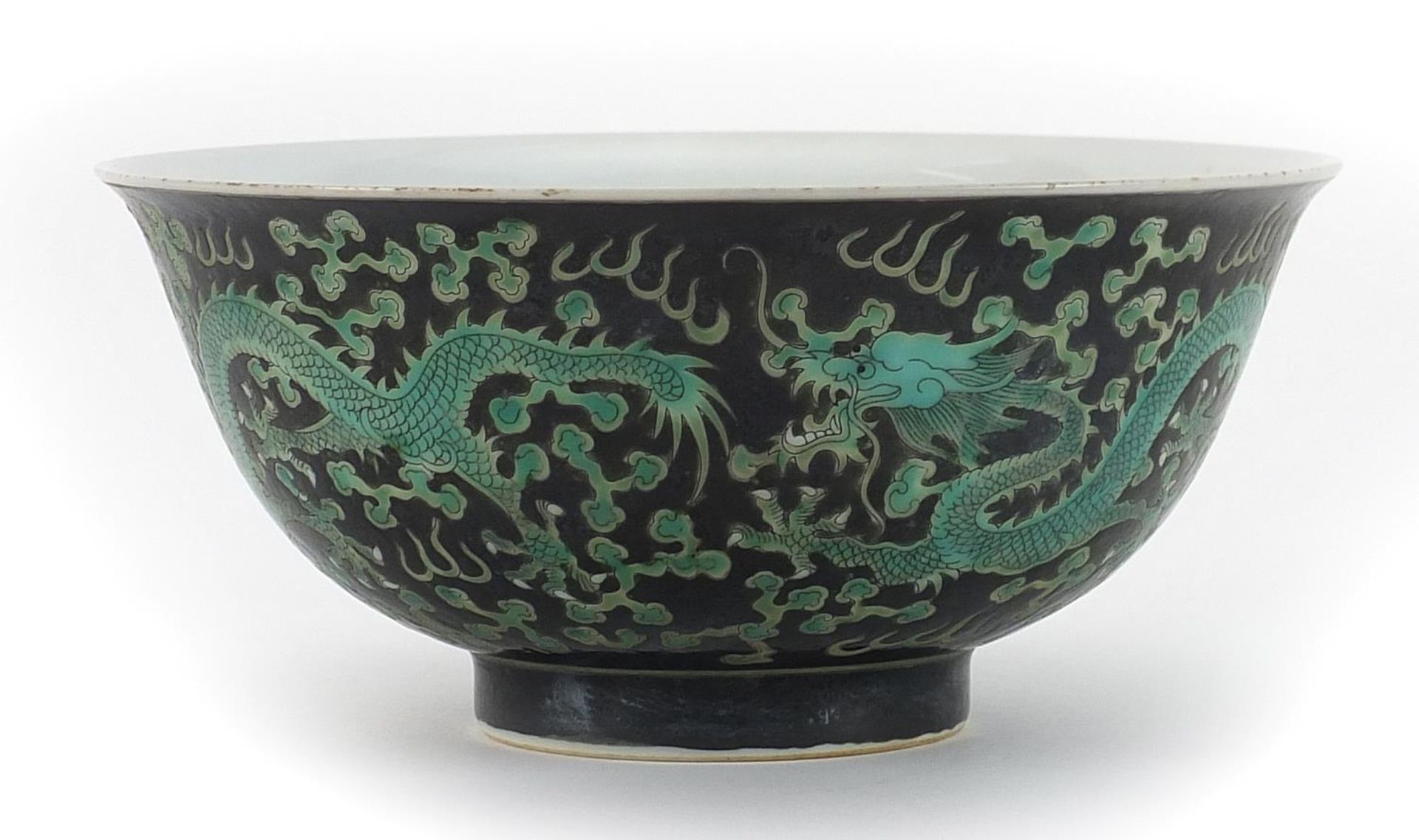 Chinese porcelain black ground bowl hand painted with dragons chasing pearl amongst clouds, 16cm - Image 2 of 3