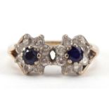 9ct gold diamond and sapphire double flower head ring, size L, 3.9g