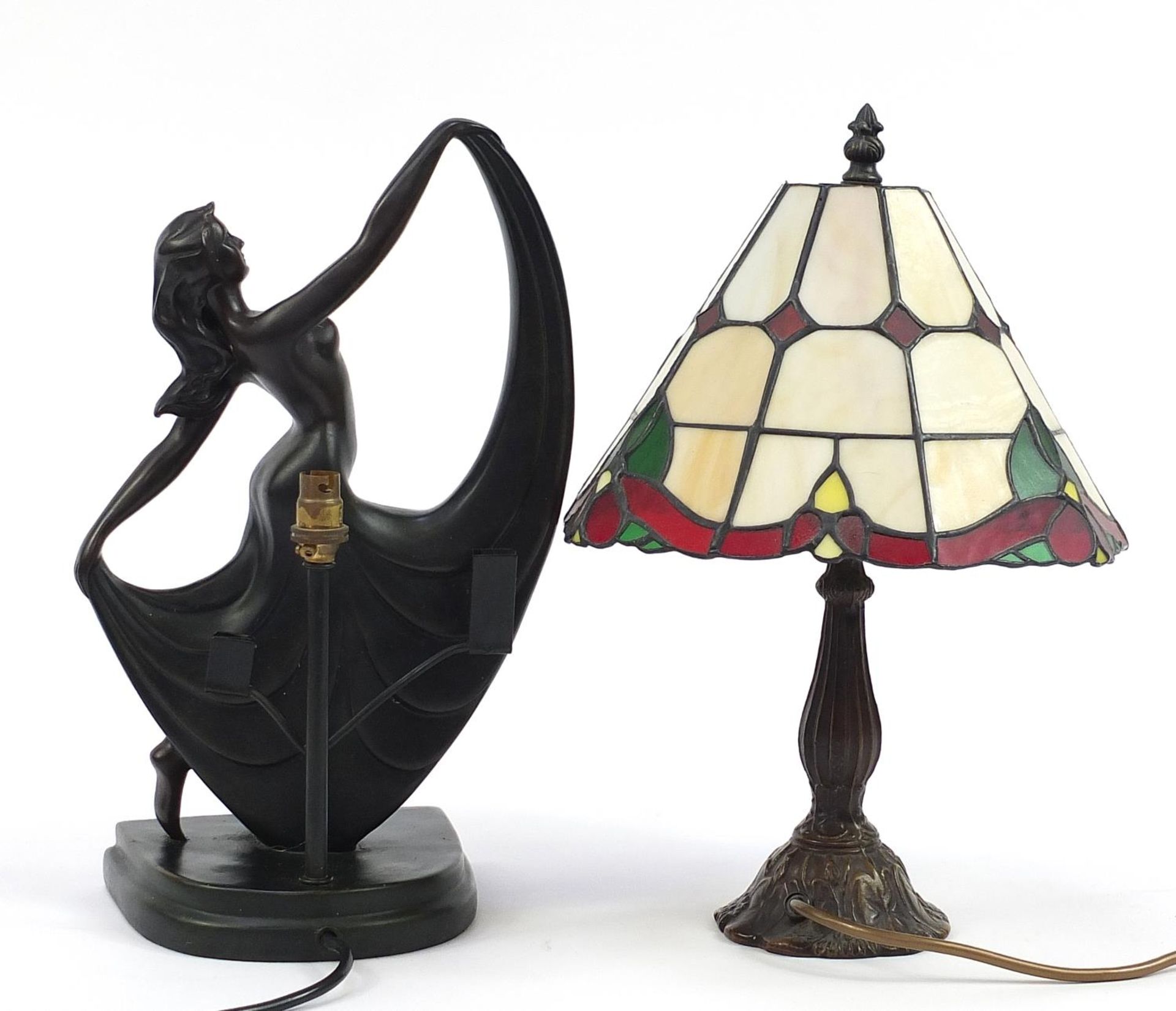 Bronzed Tiffany design table lamp with leaded glass shade and an Art Deco dancer table lamp, the - Image 2 of 3