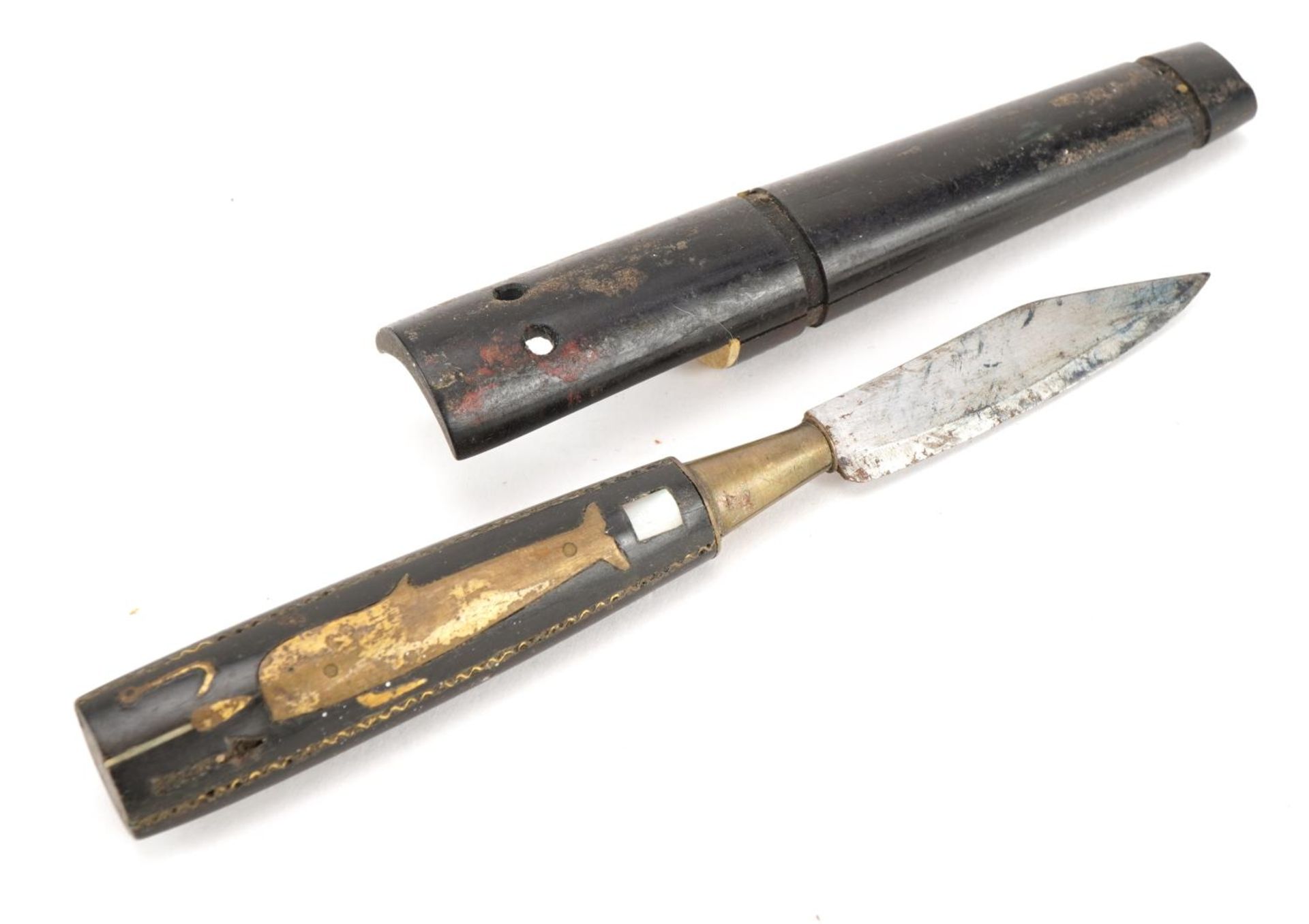 Whaling interest ebony knife housed in a scabbard inlaid with brass whale, carved with a boat and - Image 2 of 2