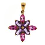 9ct gold amethyst and pink stone (tests as ruby) flower head pendant, 2.5cm high, 1.2g