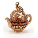 Unmarked gold smoky quartz design teapot charm, 1.8cm in length, 4.8g