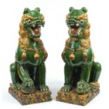 Large pair of Chinese floor standing pottery seated lions having a sancai type glaze, each 59cm high