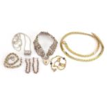 Costume jewellery, some silver including a five row gate bracelet and rope twist bracelet with